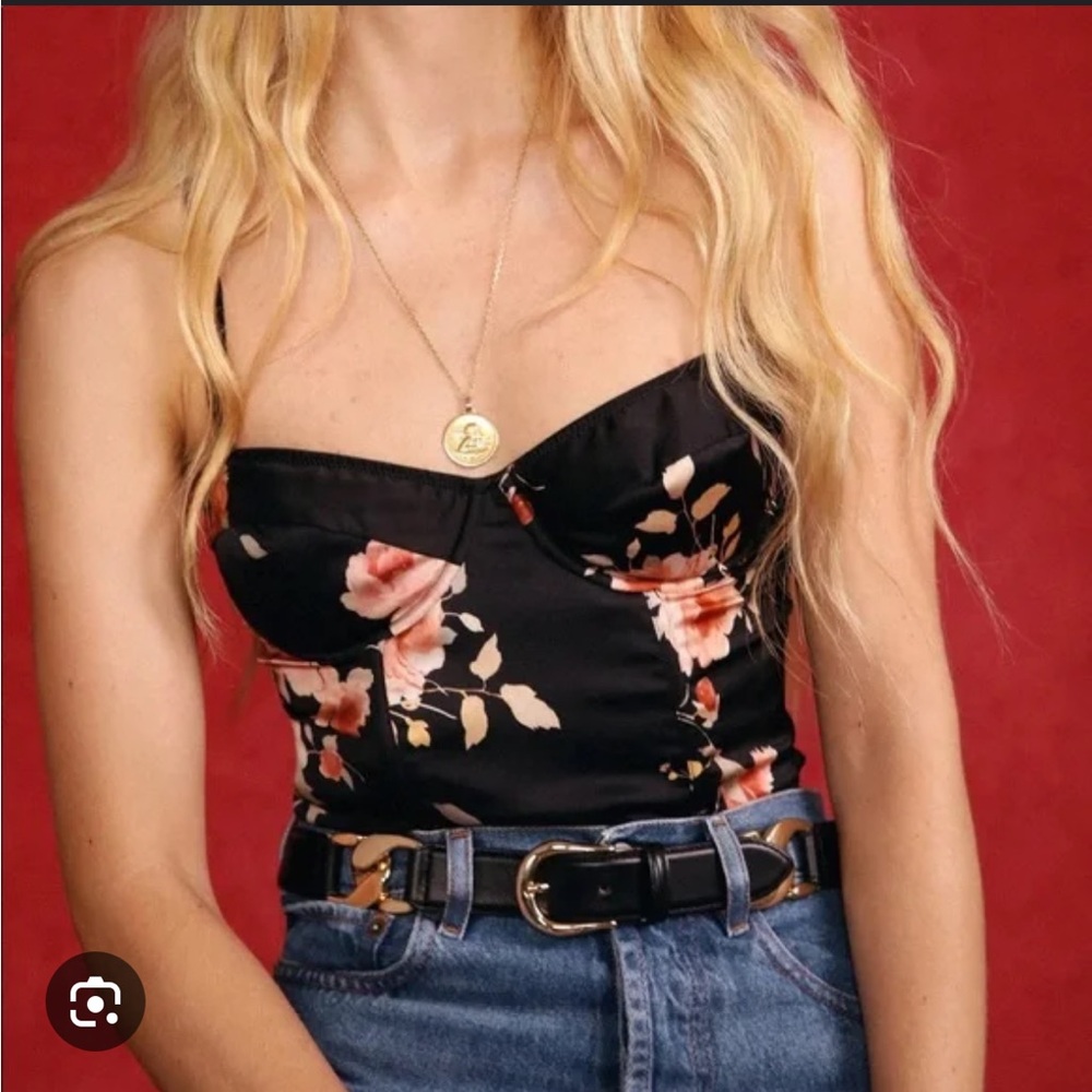 Rouje Black Floral Bustier Top with Pink Rose Print